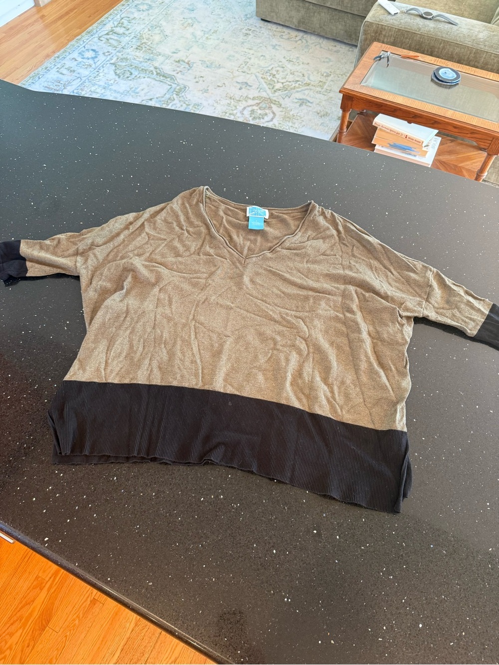 Relaxed V-Neck Long Sleeve Top in Brown with Black Trim